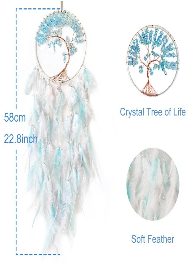 SOYUZU White and Cyan Dream Catcher Wall Decor Crystal Tree of Life Dream Catchers Handmade Feather Dreamcatcher Wall Hanging Ornament for Bedroom Living Room Home Decor - Image 2